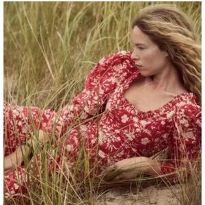 Doen Clarence Dress Size XS Red Cream Floral Organic Cotton